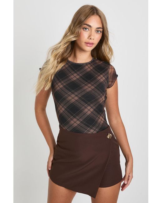 Boohoo Brown Trim Wrap Front Mini Skort