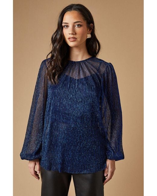 Oasis Blue Occasion Plisse Balloon Sleeve Top