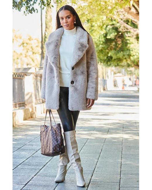 Sosandar Gray Taupe Premium Faux Fur Coat With Button Detail