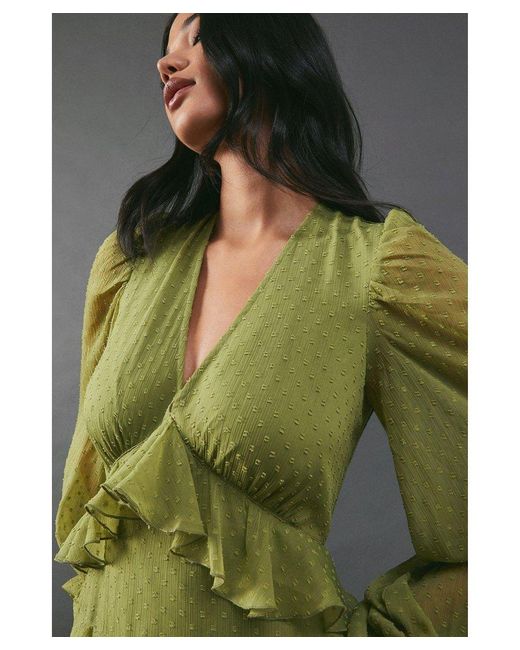 Warehouse Green Chiffon Plunge Neck Ruffle Detail Volume Sleeve Maxi Dress