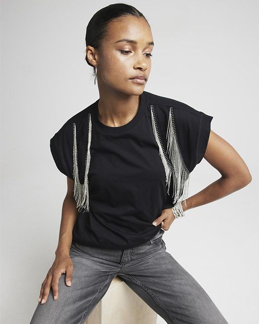 River Island Black T-Shirt Chain Fringe