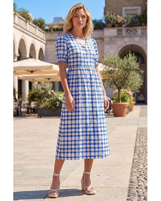 Roman Blue Check Button Midi Dress