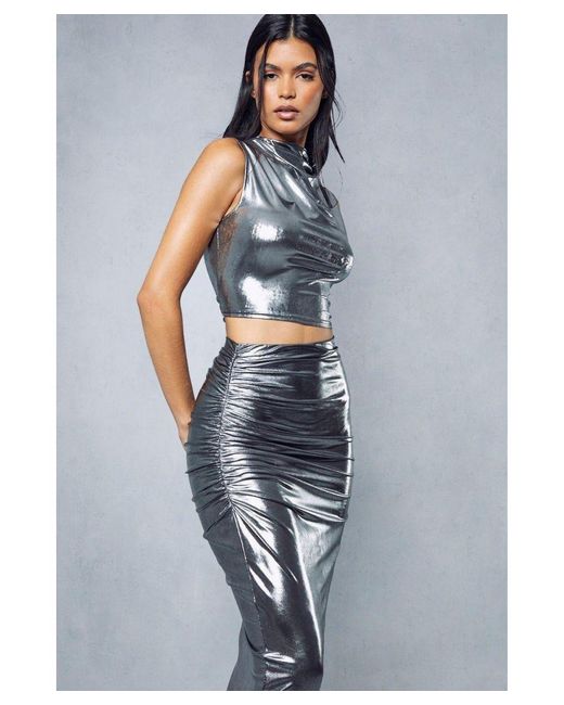 MissPap Blue Metallic Slinky Ruched Side Maxi Skirt