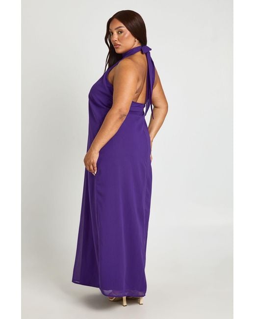Boohoo Purple Plus Plunge Chiffon Halterneck Ruffle Maxi Dress