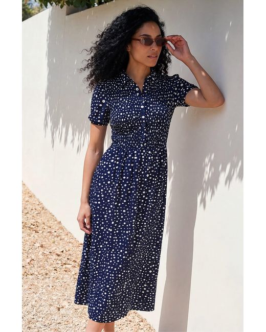 Roman Blue Spot Shirred Midi Dress