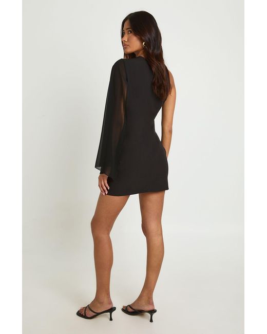 Boohoo Black Asymmetric Chiffon One Sleeve Mini Dress