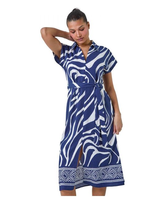 Roman Blue Animal Border Print Pocket Midi Dress