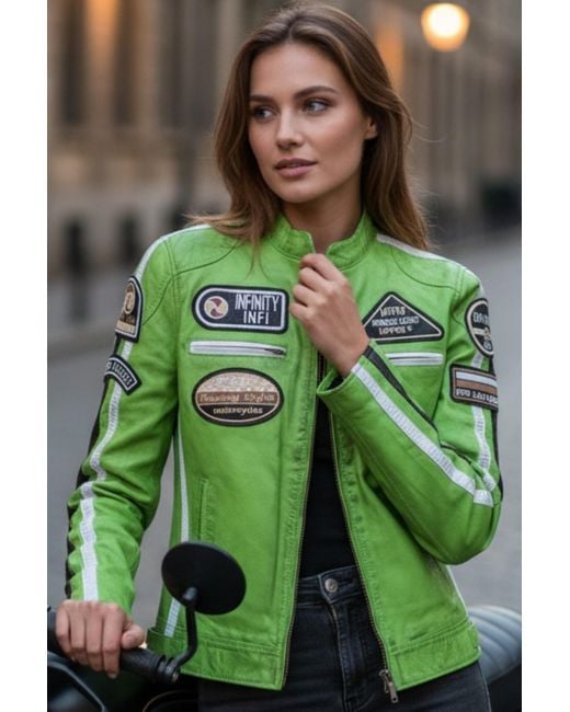 Infinity Leather Green Biker Racing Badges Jacket-Maple Lamb Leather