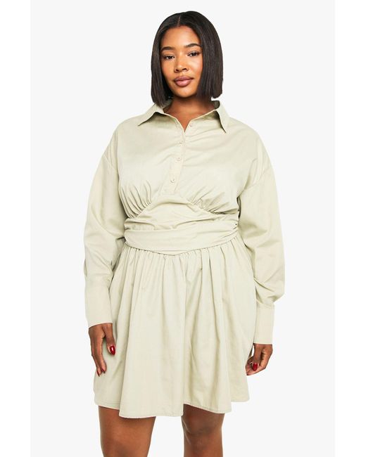 Boohoo Natural Plus Gathered Waist Detail Skater Shirt Dress
