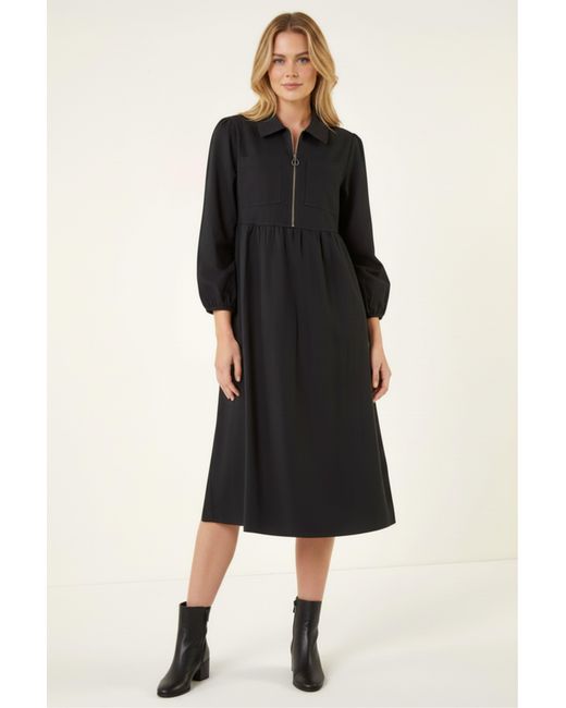 Roman Black Zip Front Collared Midi Dress