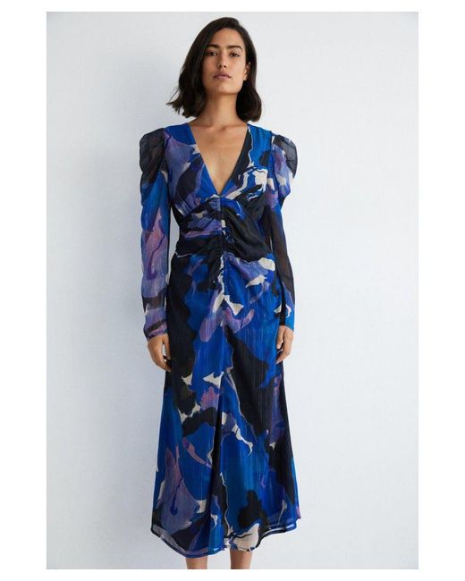 Warehouse Blue Abstract Ruched Front V Neck Midi Dress