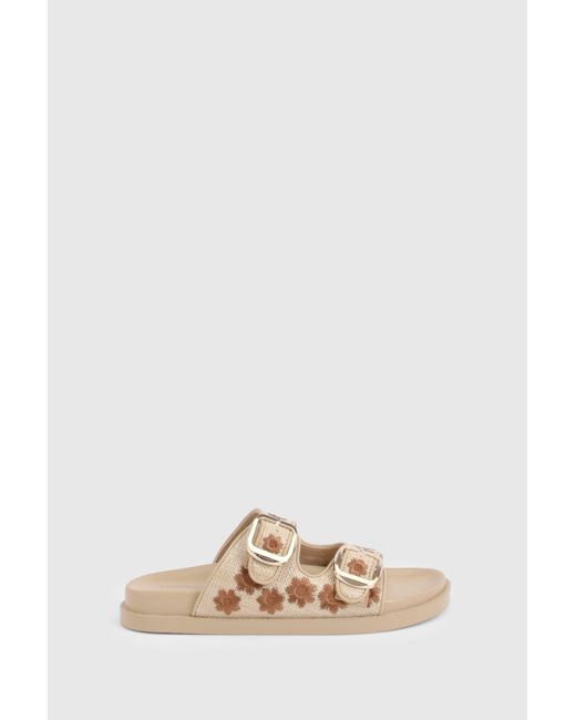 Boohoo Natural Raffia Flower Double Buckle Sliders