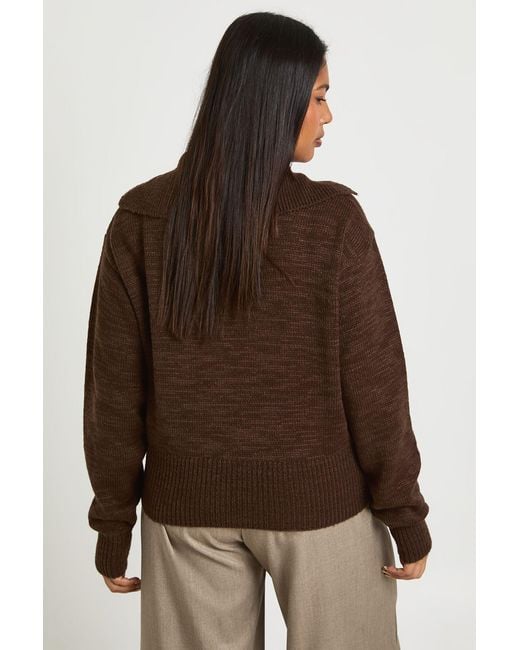 Boohoo Brown Plus Knitted Henley Collared Jumper