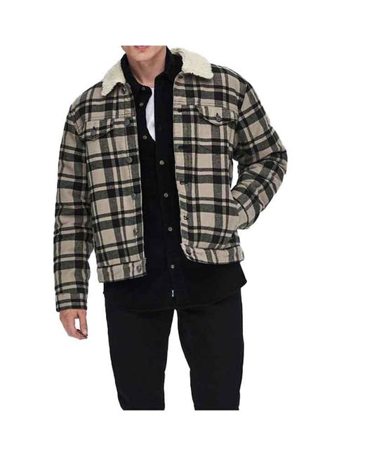 Only & Sons Black Winter Jacket Long Sleeve Fur Collar Fleece Lumberjack Check for men
