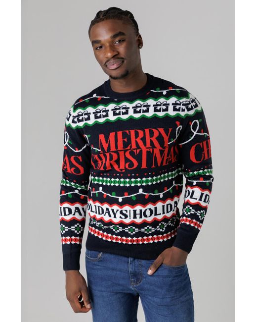 Tokyo Laundry Red Dark Festive Jacquard Crew Neck Jumper for men