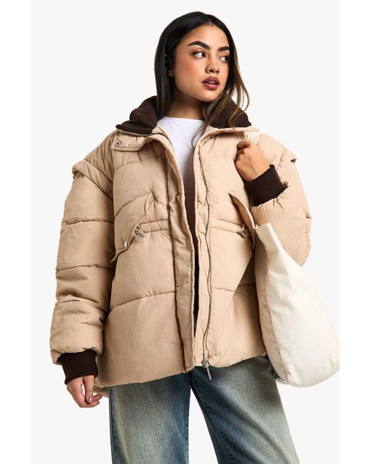 Boohoo Natural Contrast Collar Oversized Puffer Jacket