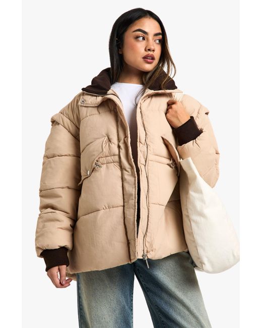 Boohoo Natural Contrast Collar Oversized Puffer Jacket