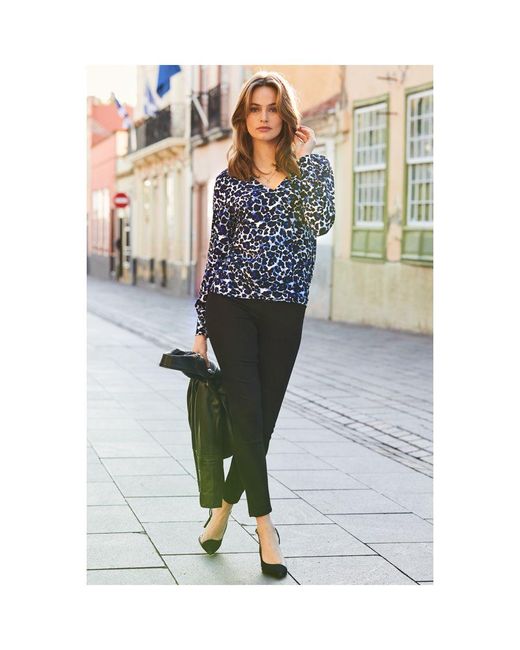 Sosandar Blue Print V Neck Blouson Sleeve Top Viscose
