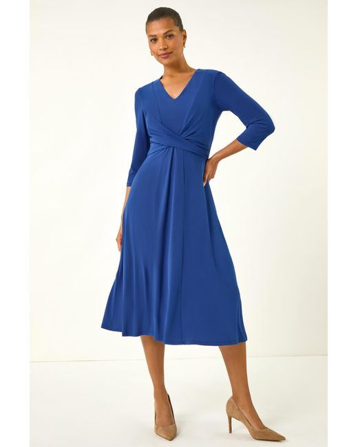 Roman Blue Stretch Crossover Midi Dress