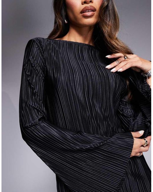 ASOS Black Long Angel Sleeve Plisse Mini Dress