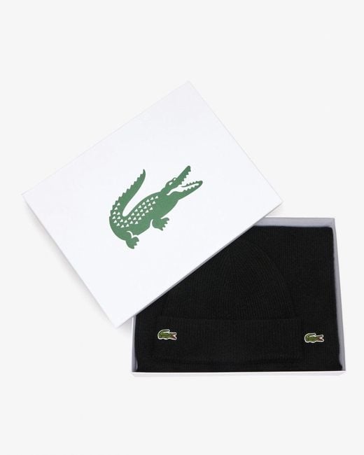 Lacoste Black Beanie And Scarf Set for men