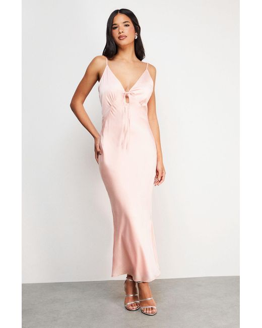 Warehouse Pink Satin Strappy Tie Front Maxi Slip Dress