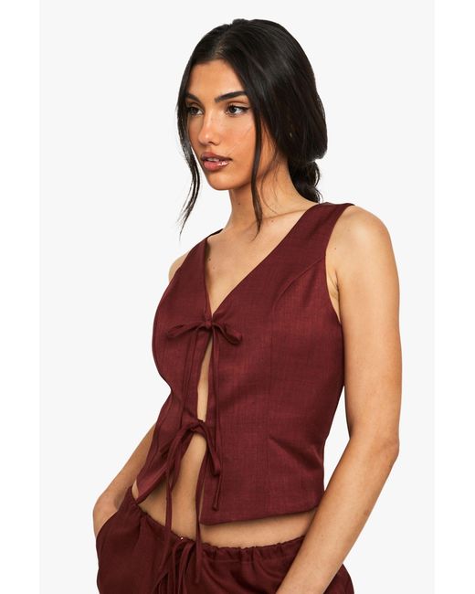 Boohoo Red Linen Look Tie Front Top