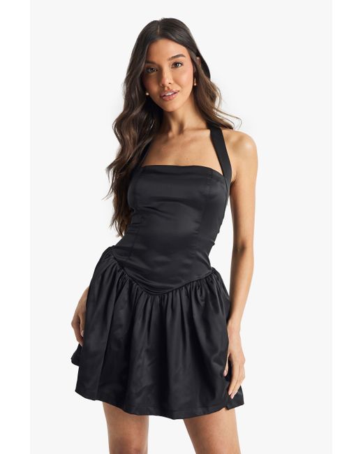 Boohoo Satin Halterneck Drop Waist Volume Mini Dress in Blue | Lyst UK