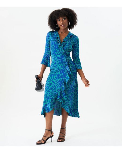 Green animal print wrap dress discount