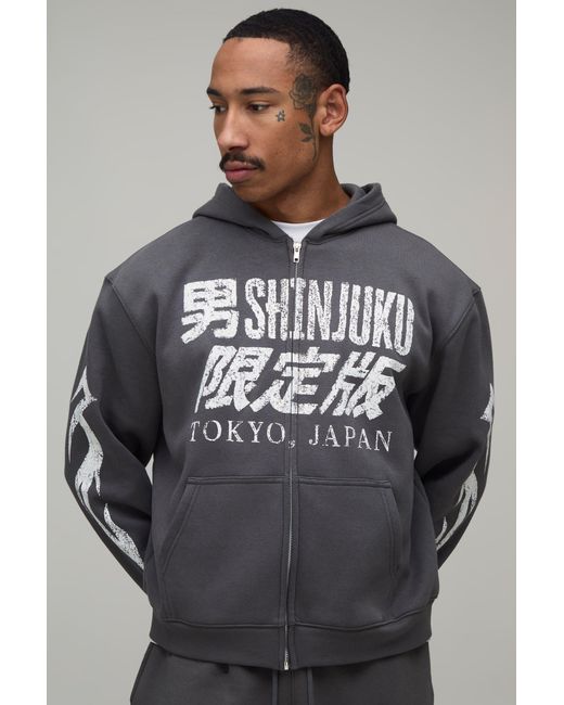 BoohooMAN Gray Oversized Boxy Tokyo Moto Print Zip Through Hoodie Cotton for men
