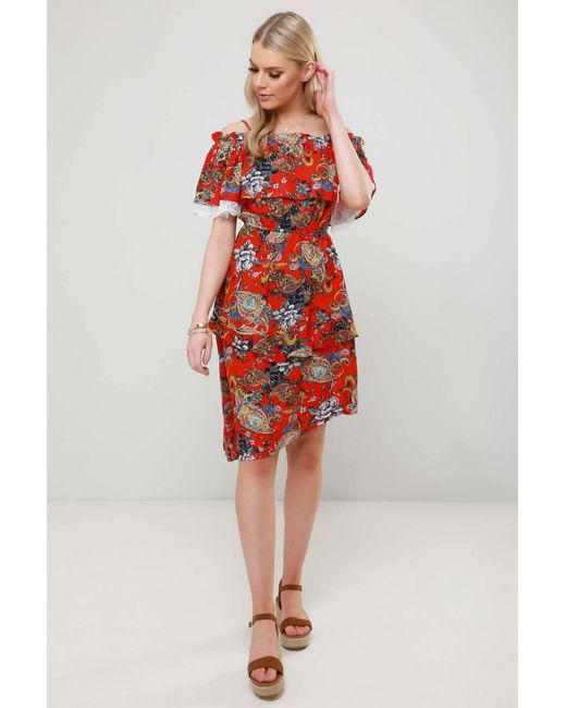 Urban Bliss Red Anita Paisley Asymmetric Ruffle Midi Dress