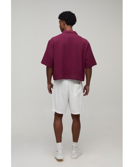 BoohooMAN Purple Boxy Crop Textured Revere Embroidered Shirt for men