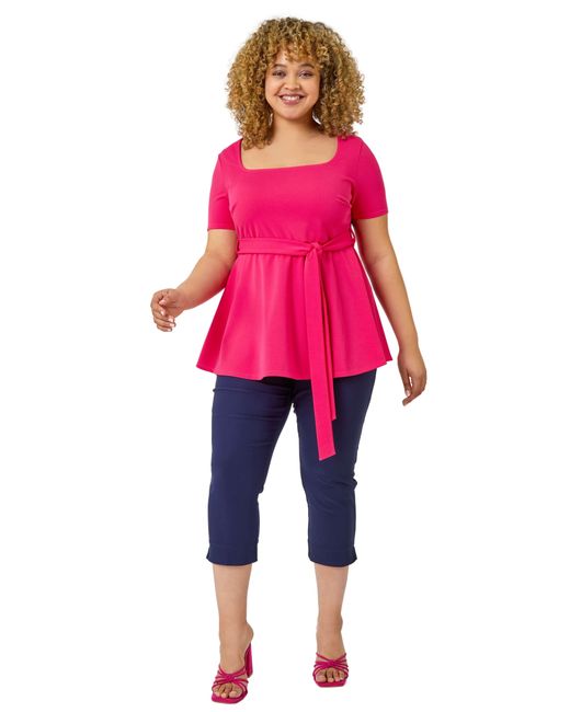 Roman Curve Pink Stretch Belted Peplum Top