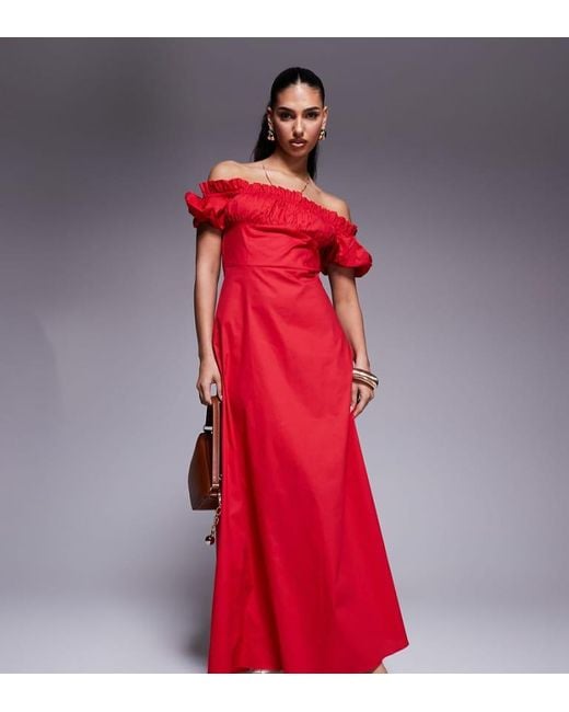 Kaiia Red Exclusive Cotton Rich Bardot Poplin Puff Sleeve Maxi Dress