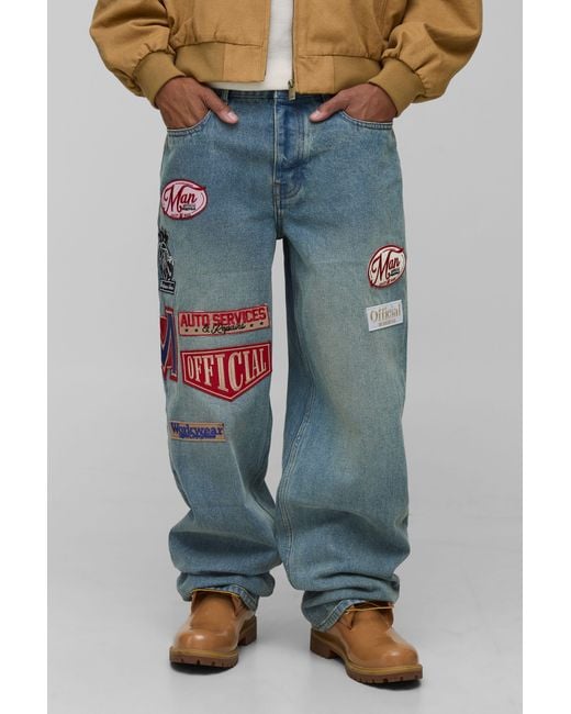 BoohooMAN Blue Relaxed Varsity Badge Washed Denim Jeans for men