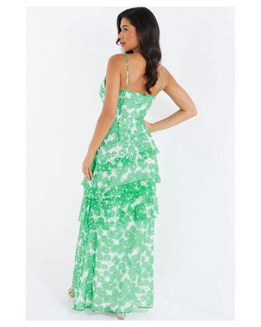 Quiz Green Chiffon Floral Tiered Maxi Dress Material_Polyester