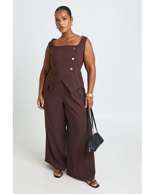 Boohoo Brown Plus Crepe Button Wrap Front Jumpsuit