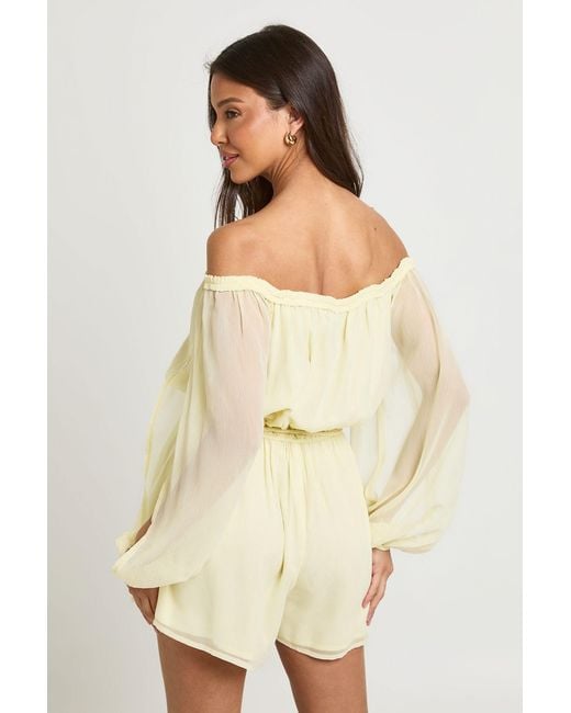 Boohoo Natural Chiffon Bardot Volume Sleeve Playsuit