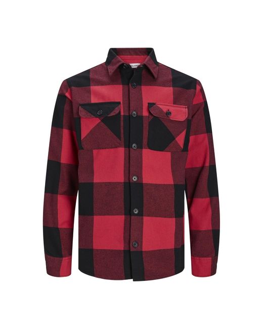 Jack & Jones Red And Buffalo Check Flannel Long-Sleeved Overshirt (True) for men
