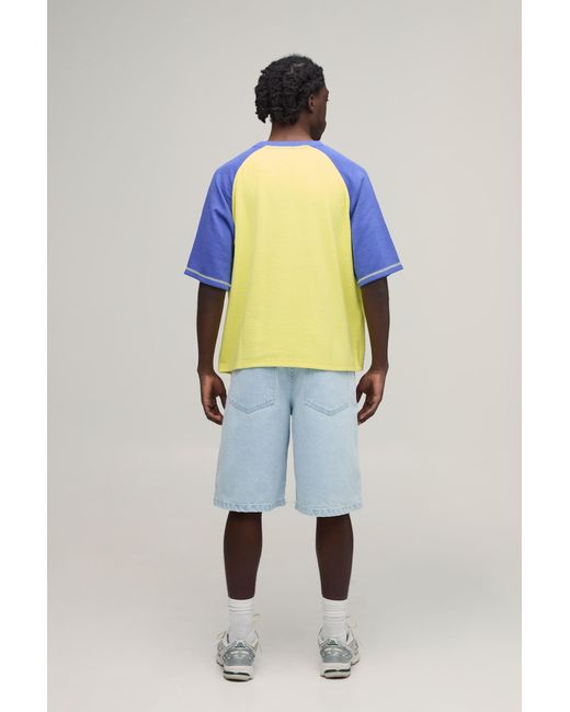 BoohooMAN Blue Oversized Boxy Washed Raglan Waffle T-Shirt for men