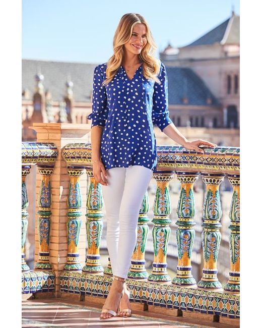 Sosandar Blue Cobalt & Spot Print Tie Neck Blouse Viscose