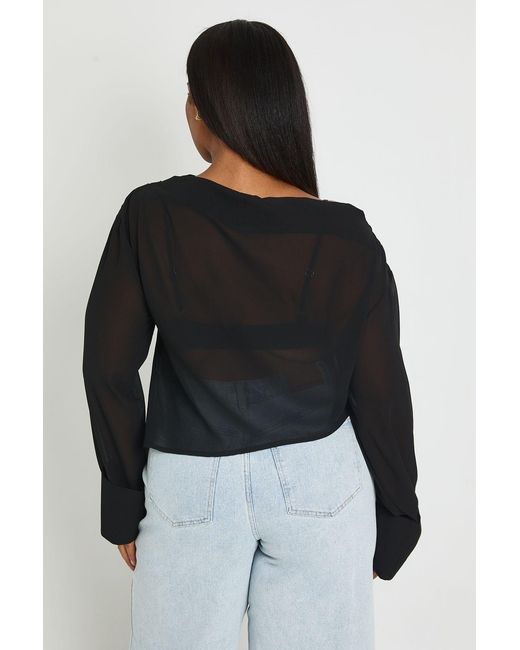Boohoo Black Plus Ruched Shoulder Asymmetric Hem Long Sleeve Top