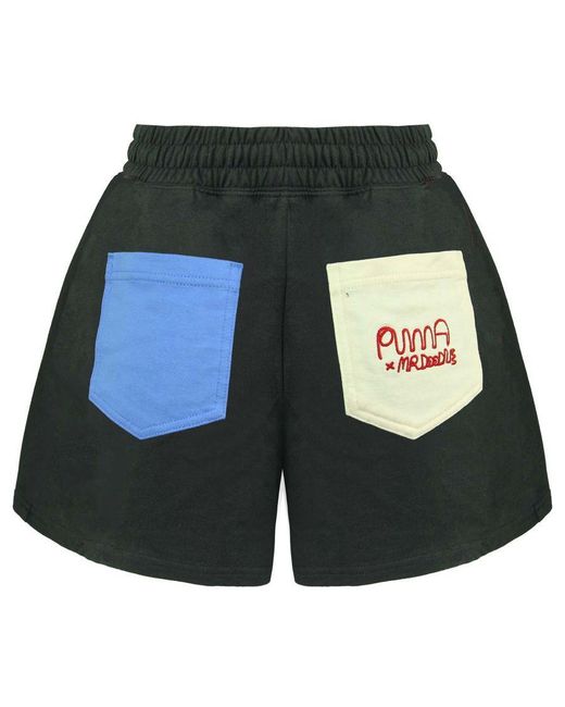PUMA Black X Mr. Doodle Stretch Waist Logo Shorts 530663 01 Cotton