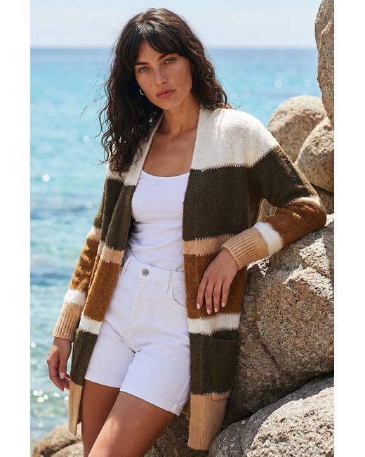 Roman Brown Colour Block Longline Knit Cardigan