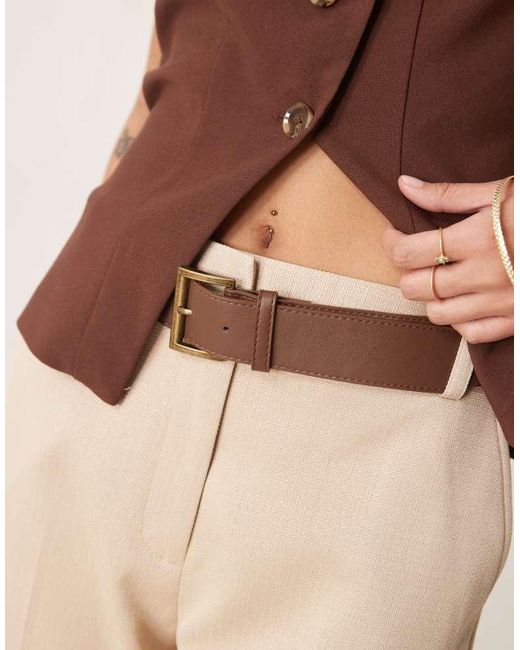 ASOS Natural Petite Tailored Slim Straight Trousers With Belt