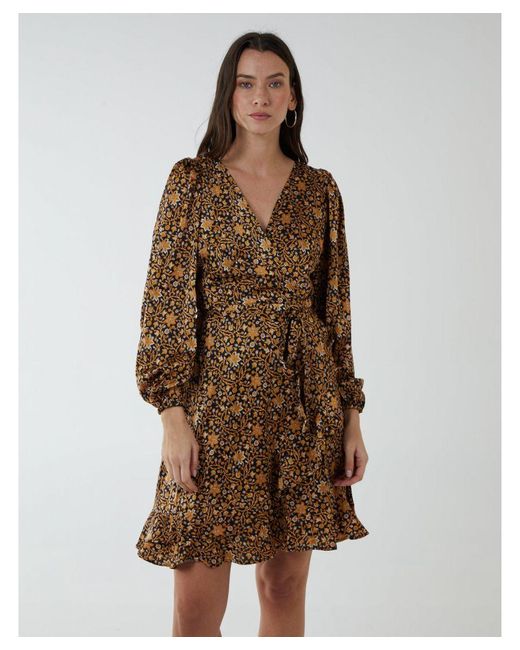 Blue Vanilla Brown Ruffle Fixed Wrap Tie Dress