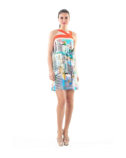 Conquista Blue A Line Strap Detail Print Dress