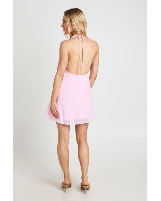Boohoo Pink Petite Chiffon Halterneck Layered Hem Mini Dress