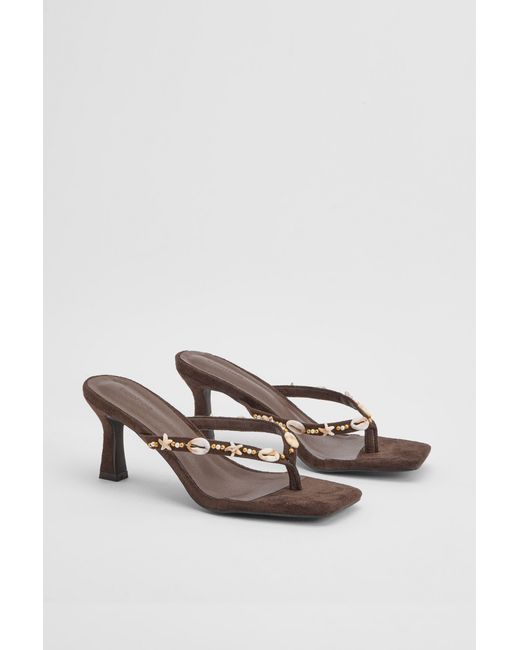 Boohoo Brown Shell Detail Toe Post Heeled Mules