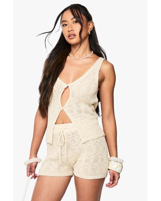 Boohoo Natural Tie Waist Knitted Crochet Short